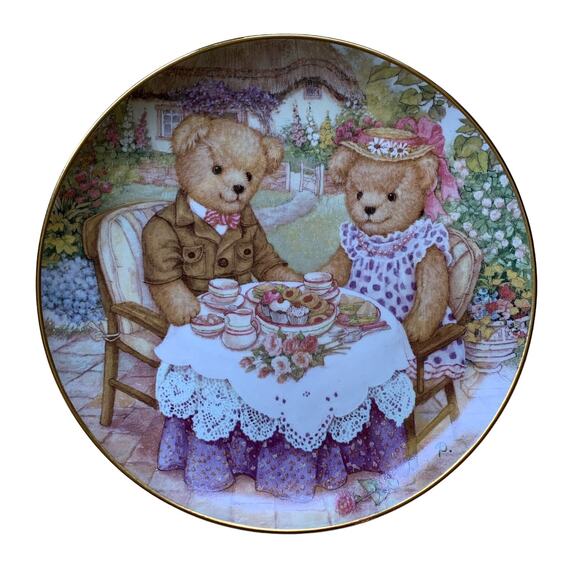 Vintage TEDDY BEAR Tea Party 8" Collectible Decorative Plate Cottage Decor - Picture 1 of 8